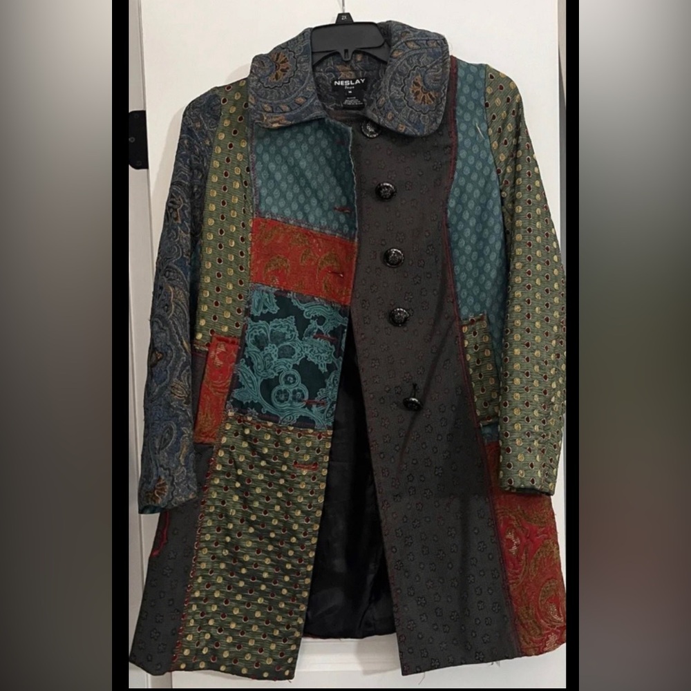 Neslay Paris Vintage Coat Sz M Vintage Jacquard  Patchwork Paisley A Line